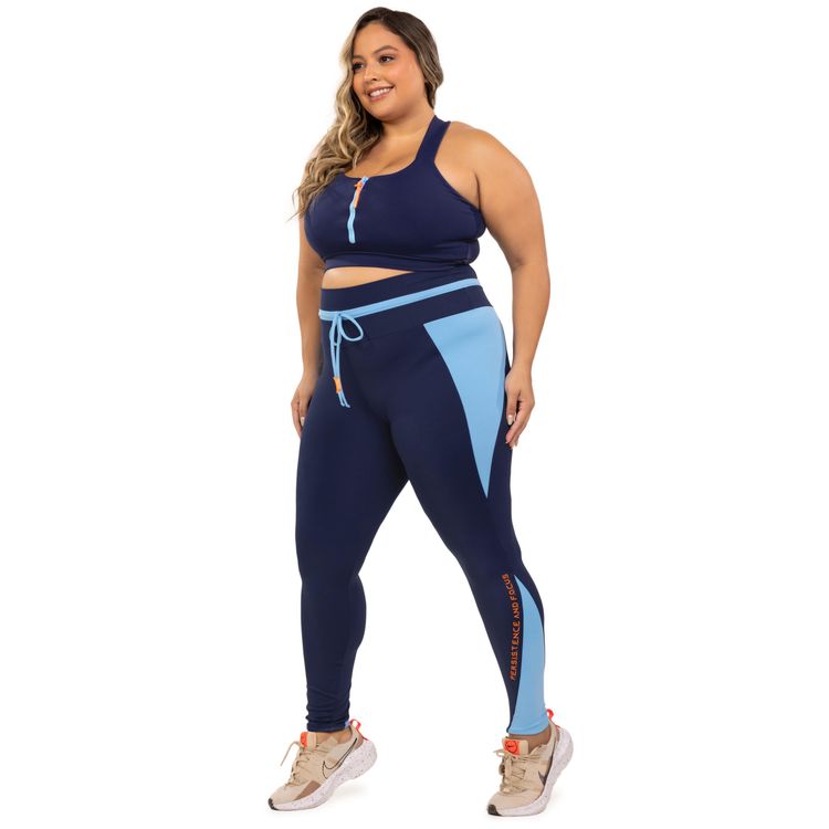Legging Focus Azul Marinho Poliamida Com Estampa Emborrachada