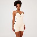 Macaquinho-fitness-bege-com-alcas-finas-decote-em-V-e-faixa-lateral-preta.